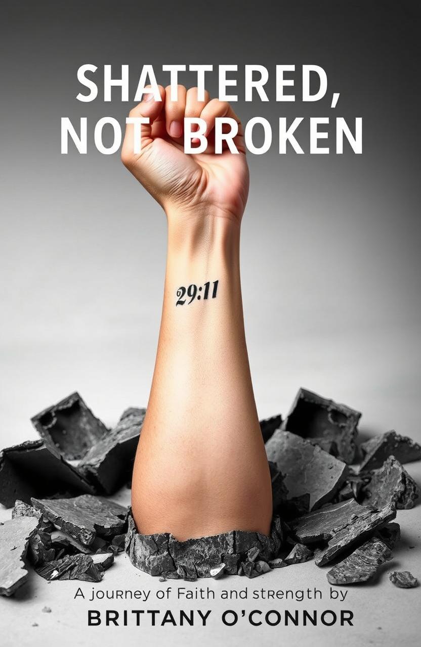A striking visual of a woman's left forearm emerging from the shattered remnants of a foundation