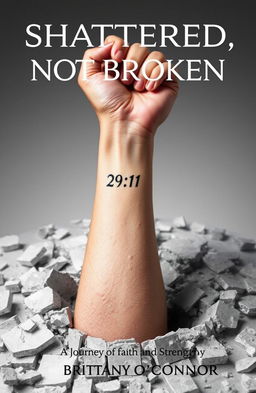 A striking visual of a woman's left forearm emerging from the shattered remnants of a foundation