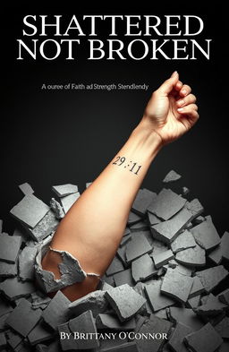 A striking visual of a woman's left forearm emerging from the shattered remnants of a foundation