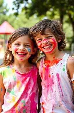 A joyful scene featuring a girl and a boy covered in colorful paint, their faces lit up with laughter