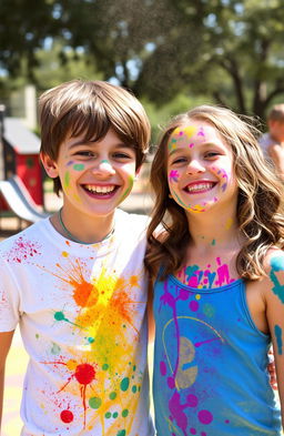 A joyful scene featuring a girl and a boy covered in colorful paint, their faces lit up with laughter