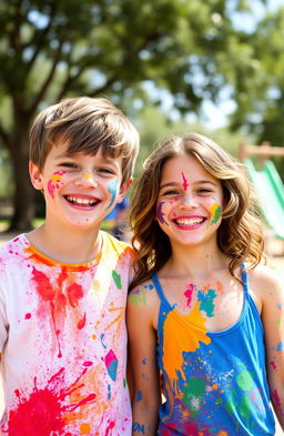 A joyful scene featuring a girl and a boy covered in colorful paint, their faces lit up with laughter
