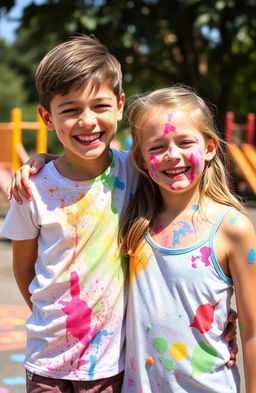A joyful scene featuring a girl and a boy covered in colorful paint, their faces lit up with laughter