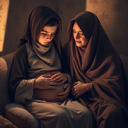 A poignant scene depicting a veiled girl in a moment of emotional vulnerability as she experiences the pain of pregnancy