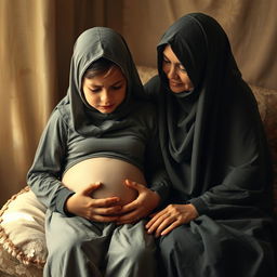 A poignant scene depicting a veiled girl in a moment of emotional vulnerability as she experiences the pain of pregnancy