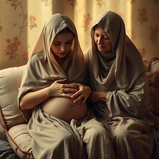 A poignant scene depicting a veiled girl in a moment of emotional vulnerability as she experiences the pain of pregnancy