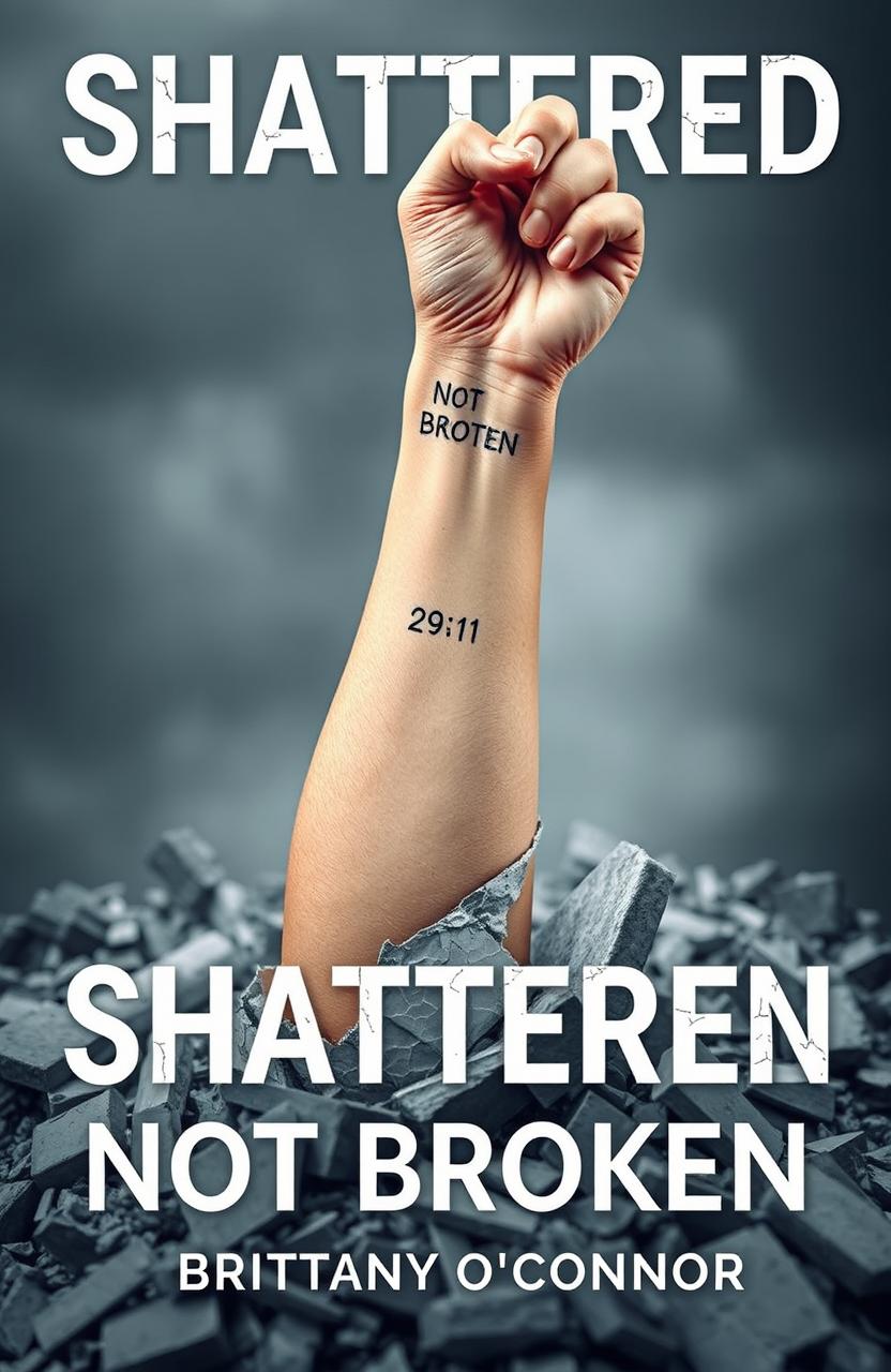 A powerful visual representation of resilience featuring a woman's left forearm emerging triumphantly from a shattered foundation