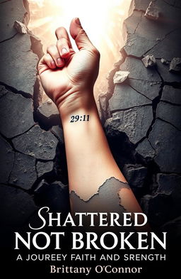 A powerful image of a woman's left forearm emerging from a shattered foundation, with cracks and peeling skin revealing a new, healthier arm underneath