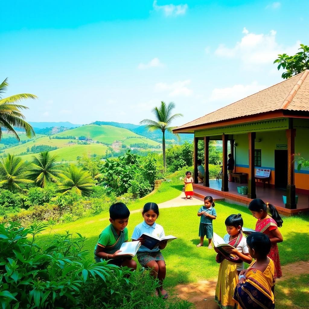 The scene depicts a serene and tranquil view of a traditional Sri Lankan school, known as 'Daham Pasala,' surrounded by lush greenery