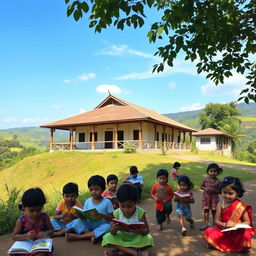 The scene depicts a serene and tranquil view of a traditional Sri Lankan school, known as 'Daham Pasala,' surrounded by lush greenery