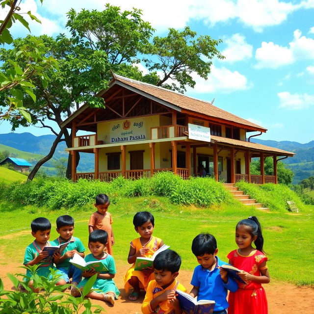 The scene depicts a serene and tranquil view of a traditional Sri Lankan school, known as 'Daham Pasala,' surrounded by lush greenery