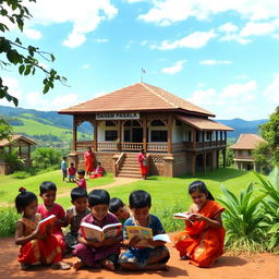 The scene depicts a serene and tranquil view of a traditional Sri Lankan school, known as 'Daham Pasala,' surrounded by lush greenery