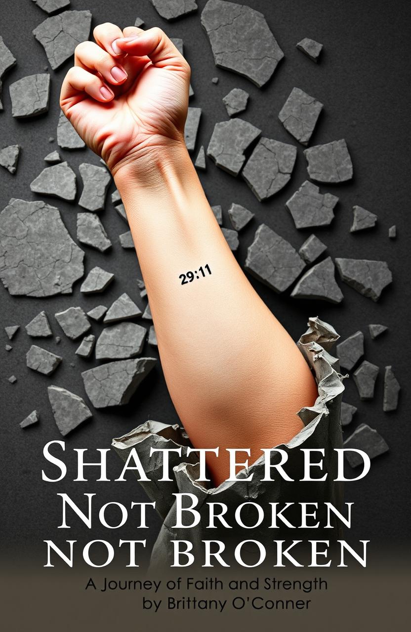 A striking image of a woman's left forearm emerging from a shattered and crumbling foundation