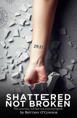 A striking image of a woman's left forearm emerging from a shattered and crumbling foundation