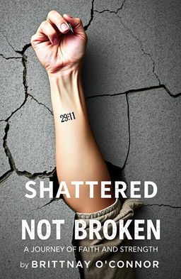 A woman's left forearm emerging from a shattered concrete foundation, showcasing a tattoo that reads '29:11' on the inner wrist near the hand