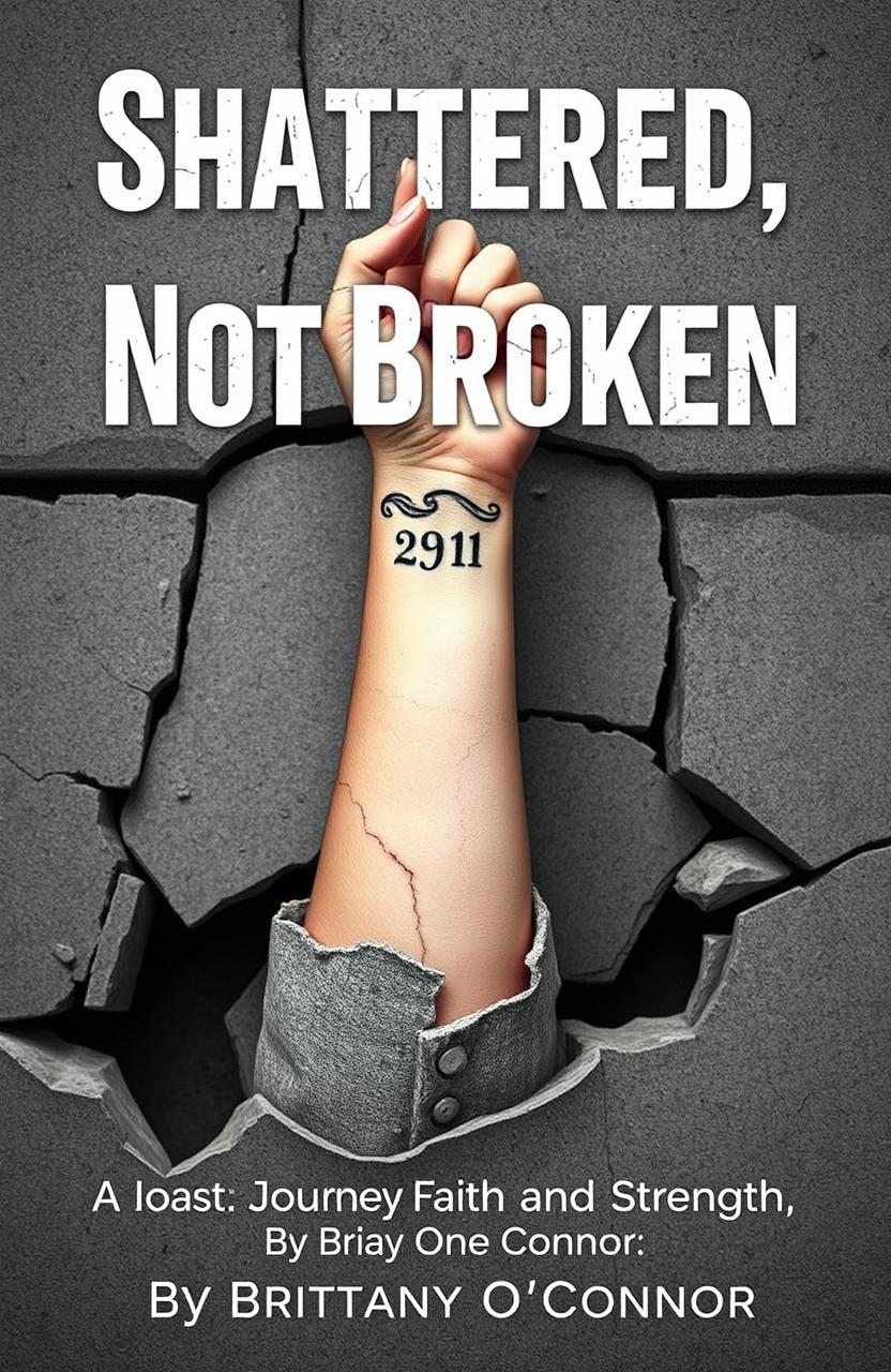A woman's left forearm emerging from a shattered concrete foundation, showcasing a tattoo that reads '29:11' on the inner wrist near the hand