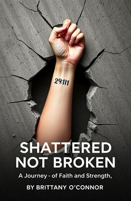 A woman's left forearm emerging from a shattered concrete foundation, showcasing a tattoo that reads '29:11' on the inner wrist near the hand