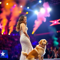A young woman performing on stage during a grand American talent show, wearing a beautiful, sparkling dress with intricate details that catch the light