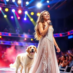 A young woman performing on stage during a grand American talent show, wearing a beautiful, sparkling dress with intricate details that catch the light