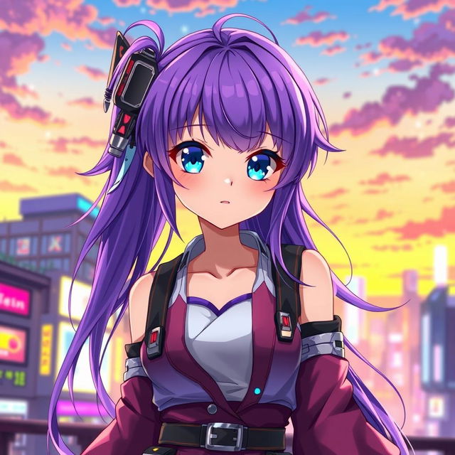 A beautifully designed anime original character (OC), featuring a girl with vibrant purple hair styled in long flowing locks