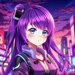 A beautifully designed anime original character (OC), featuring a girl with vibrant purple hair styled in long flowing locks