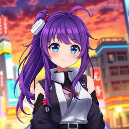 A beautifully designed anime original character (OC), featuring a girl with vibrant purple hair styled in long flowing locks