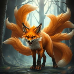 A fierce nine-tailed fox with vibrant orange fur, showcasing its nine flowing tails fanned out dramatically