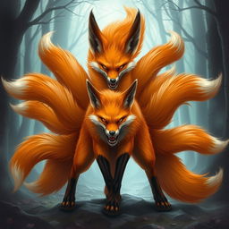 A fierce nine-tailed fox with vibrant orange fur, showcasing its nine flowing tails fanned out dramatically