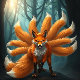 A fierce nine-tailed fox with vibrant orange fur, showcasing its nine flowing tails fanned out dramatically