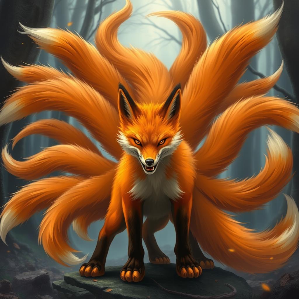 A fierce nine-tailed fox with vibrant orange fur, showcasing its nine flowing tails fanned out dramatically