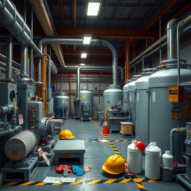 A detailed depiction of a chemical factory emphasizing safety equipment and LOTO (Lockout/Tagout) procedures