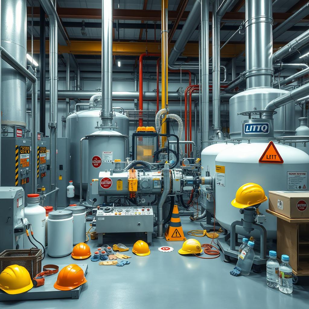 A detailed depiction of a chemical factory emphasizing safety equipment and LOTO (Lockout/Tagout) procedures