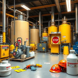 A detailed depiction of a chemical factory emphasizing safety equipment and LOTO (Lockout/Tagout) procedures