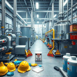 A detailed depiction of a chemical factory emphasizing safety equipment and LOTO (Lockout/Tagout) procedures