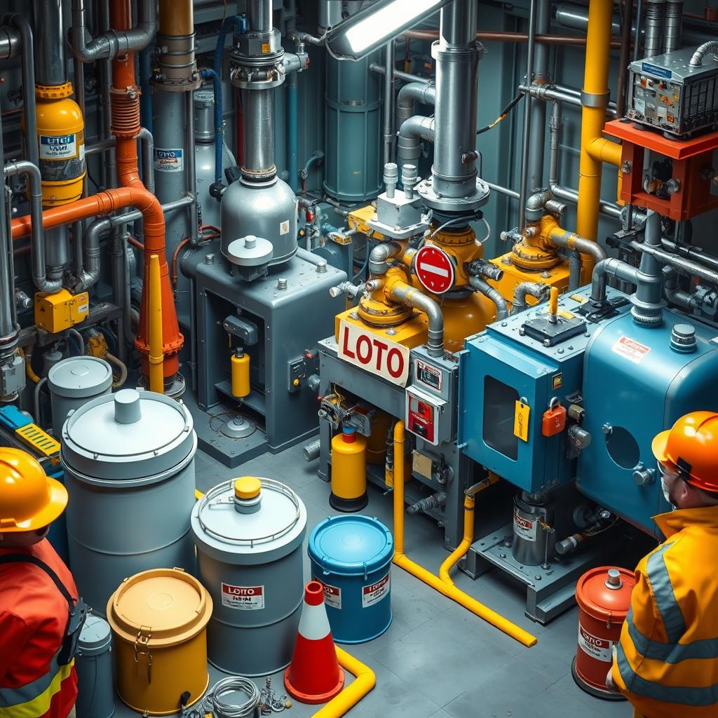 An intricate visual of a chemical factory focusing on safety equipment and LOTO (Lockout/Tagout) procedures