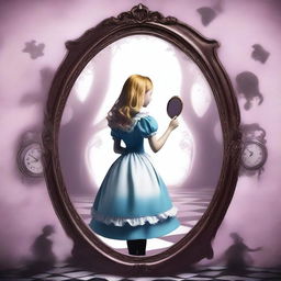 A high-quality digital art piece combining the realms of shadow and human, imbued with a twisted Alice in Wonderland theme