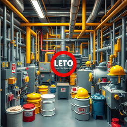 An intricate visual of a chemical factory focusing on safety equipment and LOTO (Lockout/Tagout) procedures