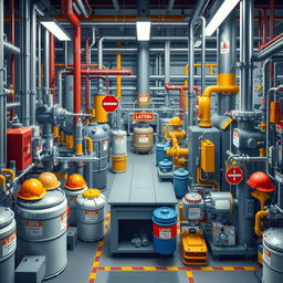 An intricate visual of a chemical factory focusing on safety equipment and LOTO (Lockout/Tagout) procedures