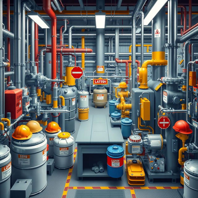 An intricate visual of a chemical factory focusing on safety equipment and LOTO (Lockout/Tagout) procedures