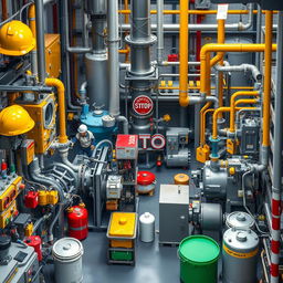 An intricate visual of a chemical factory focusing on safety equipment and LOTO (Lockout/Tagout) procedures