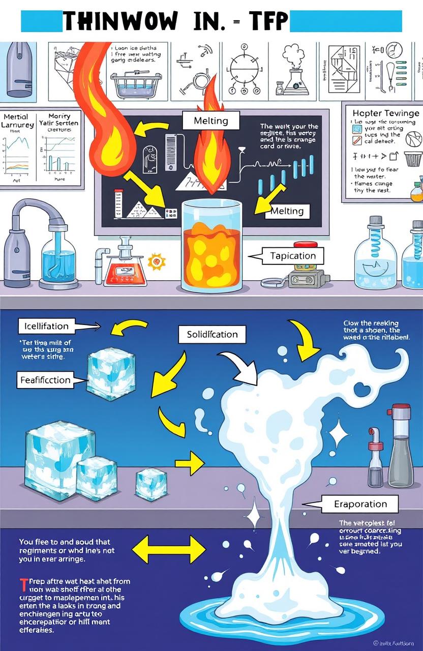 A detailed illustration showing the scientific process of a change in form of an object, depicting stages such as melting, solidification, and evaporation