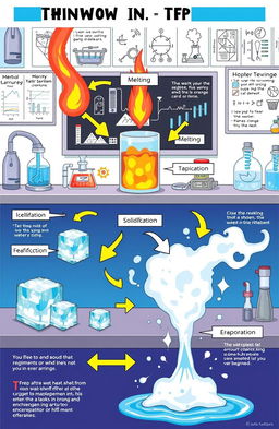 A detailed illustration showing the scientific process of a change in form of an object, depicting stages such as melting, solidification, and evaporation