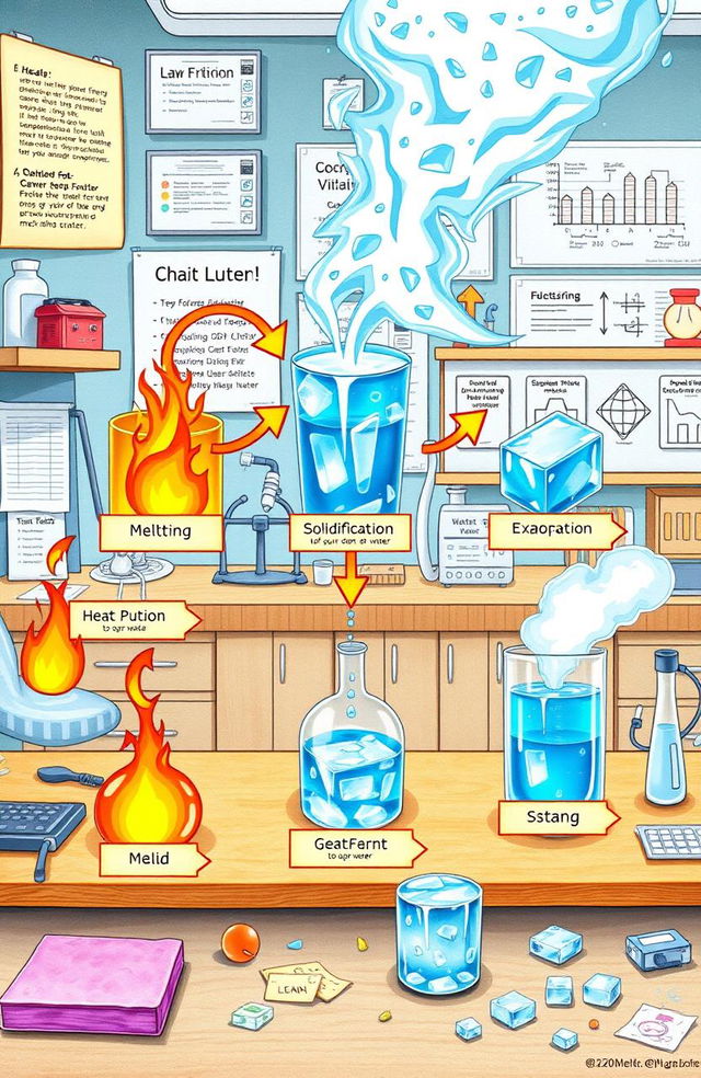 A detailed illustration showing the scientific process of a change in form of an object, depicting stages such as melting, solidification, and evaporation