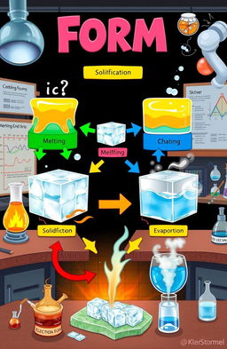 A detailed illustration showing the scientific process of a change in form of an object, depicting stages such as melting, solidification, and evaporation