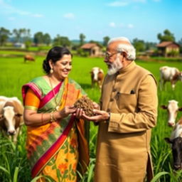 Sheikh Hasina and Narendra Modi sharing a light-hearted moment as they amusingly pretend to eat cow dung together, set in a vibrant rural landscape filled with lush green fields and a clear blue sky