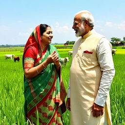 Sheikh Hasina and Narendra Modi sharing a light-hearted moment as they amusingly pretend to eat cow dung together, set in a vibrant rural landscape filled with lush green fields and a clear blue sky