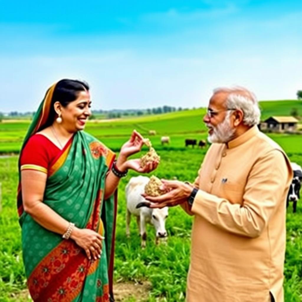 Sheikh Hasina and Narendra Modi sharing a light-hearted moment as they amusingly pretend to eat cow dung together, set in a vibrant rural landscape filled with lush green fields and a clear blue sky