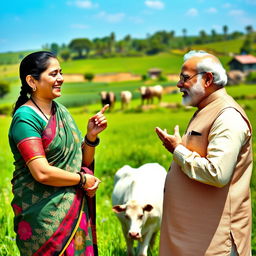 Sheikh Hasina and Narendra Modi sharing a light-hearted moment as they amusingly pretend to eat cow dung together, set in a vibrant rural landscape filled with lush green fields and a clear blue sky