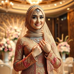 A beautiful Islamic bride, wearing an intricately designed traditional wedding dress, deeply embroidered with vibrant patterns