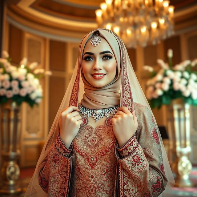 A beautiful Islamic bride, wearing an intricately designed traditional wedding dress, deeply embroidered with vibrant patterns